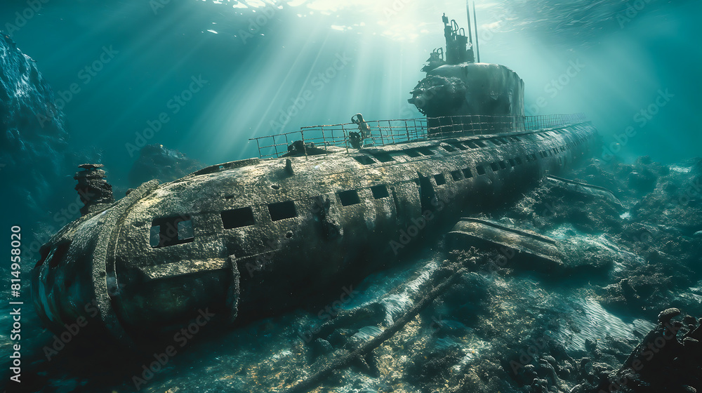 A old ruins of huge submarine sunken under the sea A old ruins of huge submarine sunken under the sea