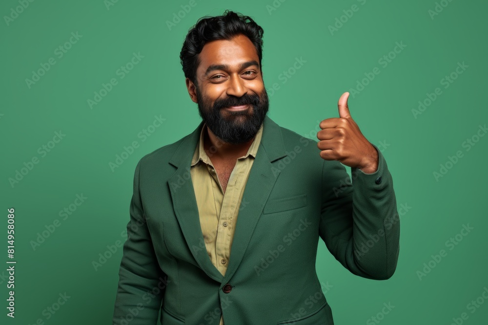 Portrait of a glad indian man in his 30s showing a thumb up on pastel green background Portrait of a glad indian man in his 30s showing a thumb up on pastel green background