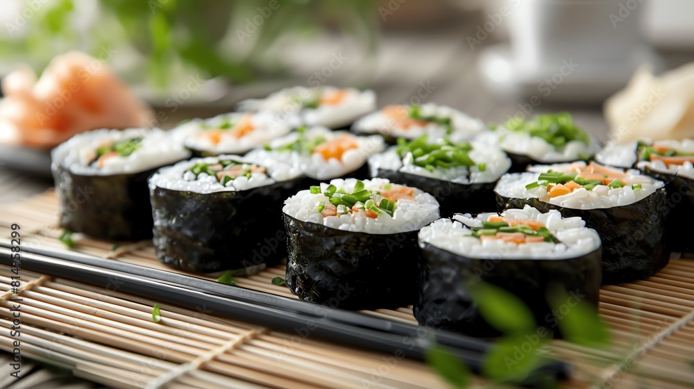 Vegan sushi spread, bamboo mat, low angle, natural light, minimalistic Vegan sushi spread, bamboo mat, low angle, natural light, minimalistic