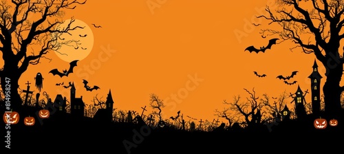 Spooky halloween scene with pumpkins  bats  ghosts  and haunted houses on vibrant orange background