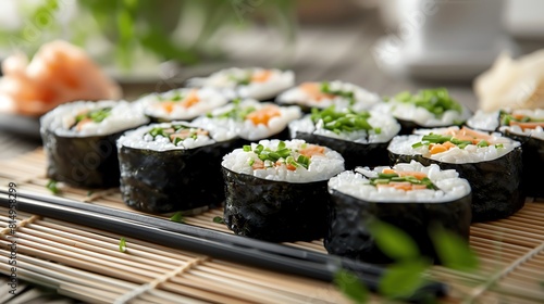 Vegan sushi spread, bamboo mat, low angle, natural light, minimalistic