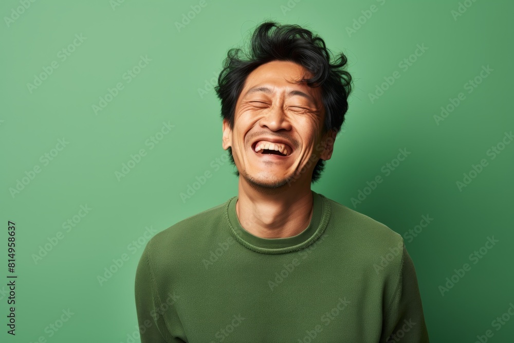 Portrait of a merry asian man in his 40s laughing on pastel green background Portrait of a merry asian man in his 40s laughing on pastel green background