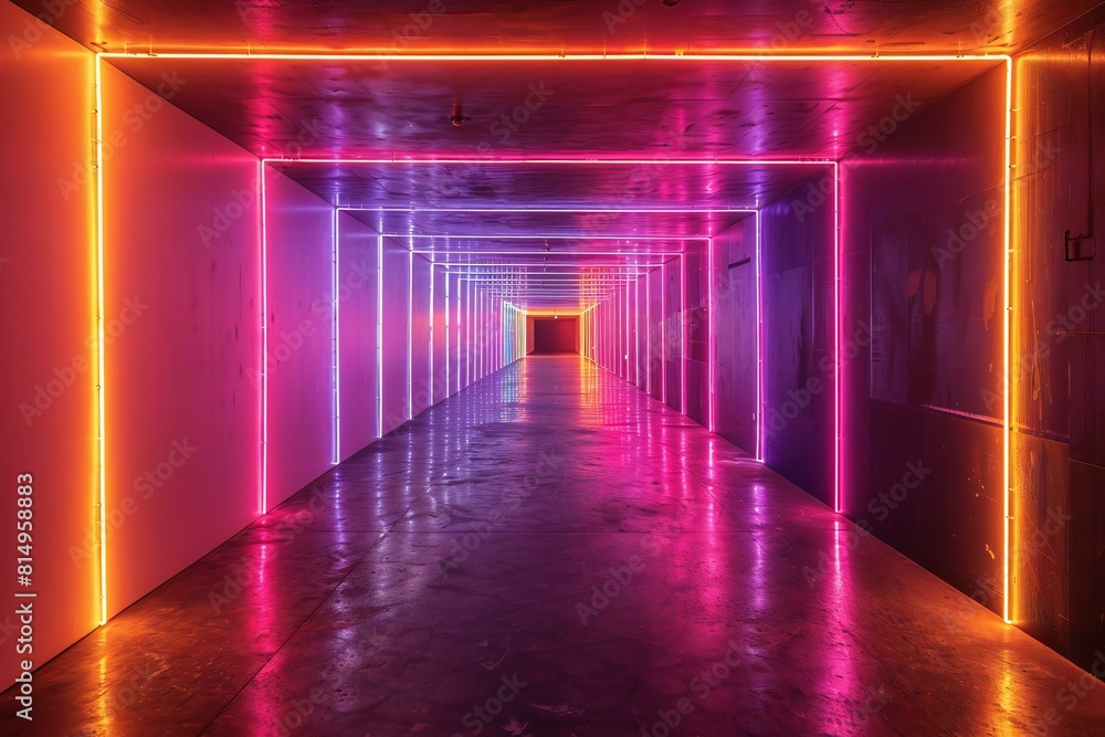 Dark hallway lit up with light from neon strips, high quality, high resolution