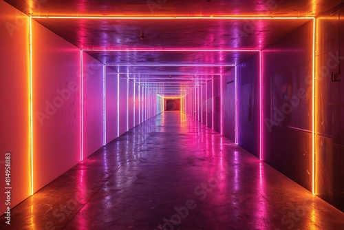 Dark hallway lit up with light from neon strips  high quality  high resolution