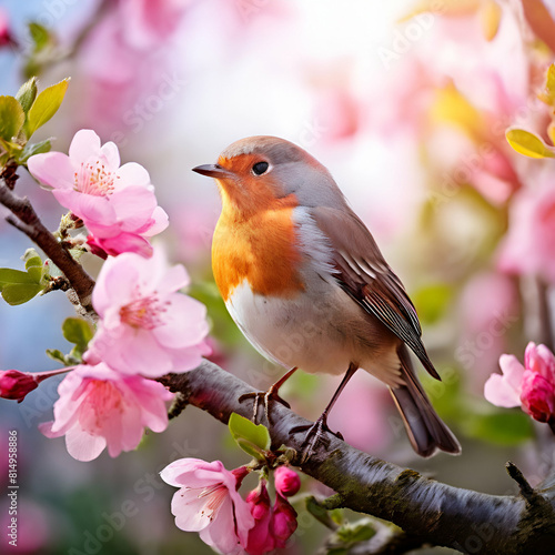 a robin bird is sitting in a sunny spring garden on a branch of an apple tree with pink flowers,generate ai © Nadia