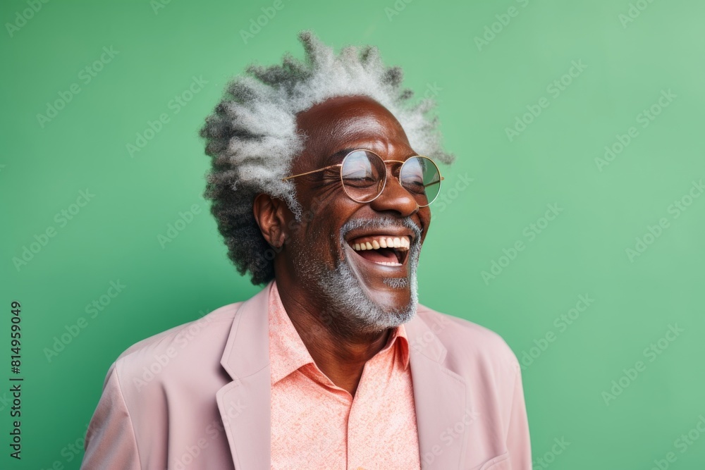 Portrait of a glad afro-american man in his 50s laughing in pastel green background Portrait of a glad afro-american man in his 50s laughing in pastel green background