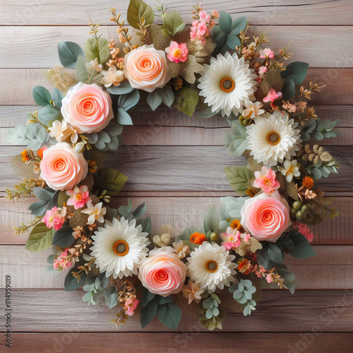 Beautiful floral wreath on wooden background, top view. Space for text