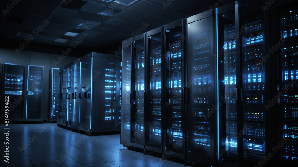 A dimly lit data center room with several rows of server racks illuminated by blue lights.