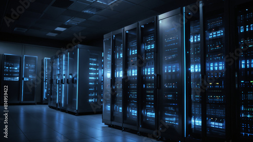 A dimly lit data center room with several rows of server racks illuminated by blue lights.