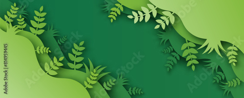 Paper layer cut of green leaf and forest. Nature background. paper cut and craft style. vector,illustration.