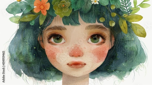 Illustration of a maiden with green hair adorned with flowers and leaves, exuding a whimsical, ethereal vibe.