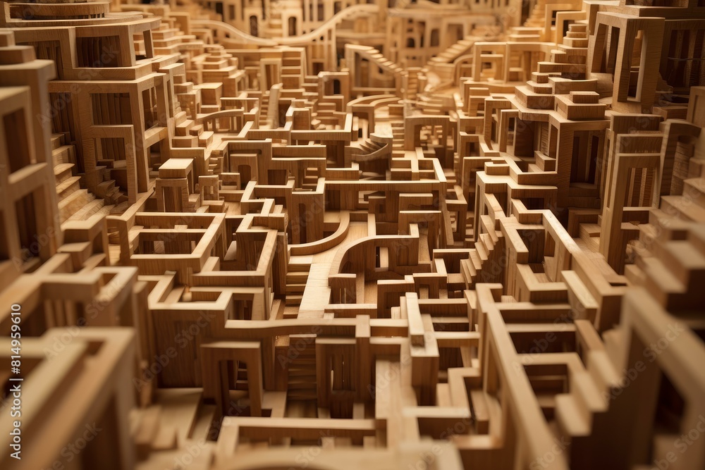 Close-up view of a complex wooden maze, showcasing detailed craftsmanship