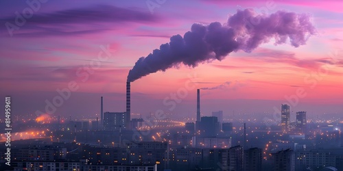 Dusk perspective of industrial smokestacks releasing harmful pollutants into the air. Concept Industrial Pollution  Environmental Impact  Air Quality  Dusk Photography  Climate Change