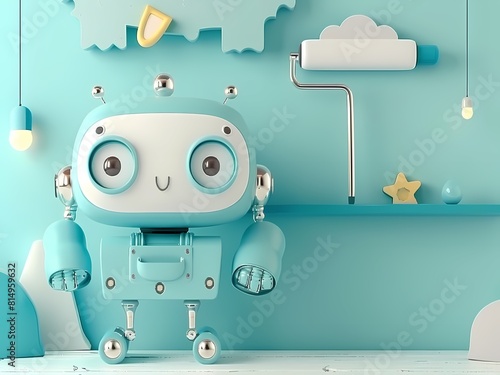 AI-Generated image of A robot is standing in front of a blue wall. The robot is smiling and he is happy
