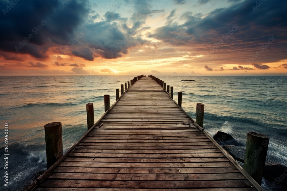Wooden pier extends into a tranquil sea under a dramatic sunset sky