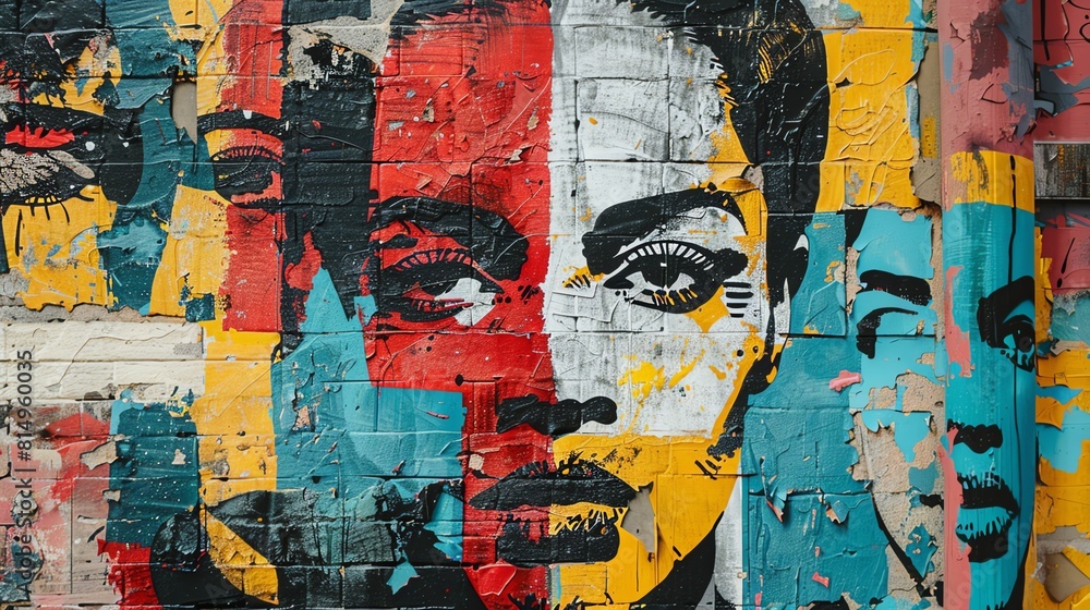 Fototapeta premium The intricate details of a vibrant street mural depicting pivotal historical moments with rich, textured brush strokes resembling oil paintings