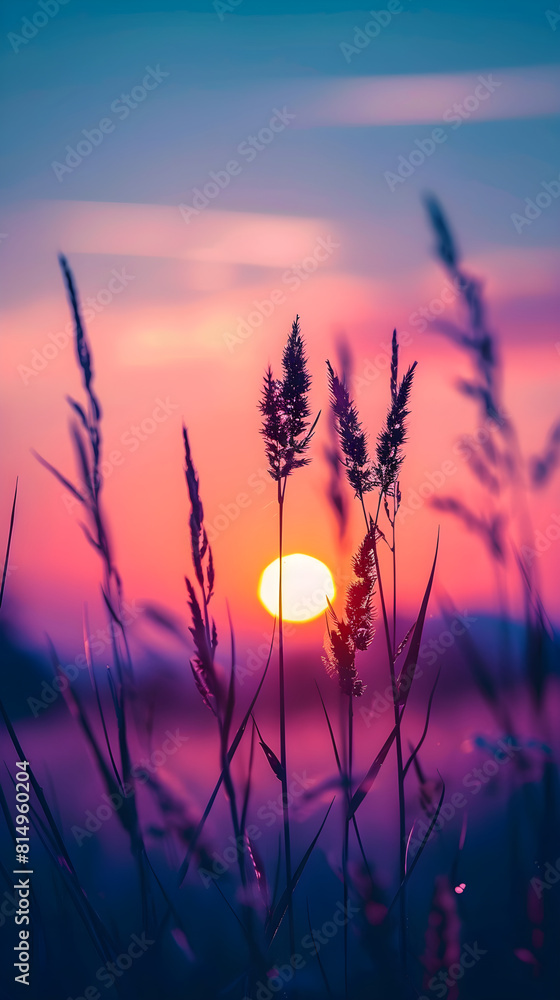 Captivating Display of Golden Hour: Surreal Sunset Among Silhouetted Grass