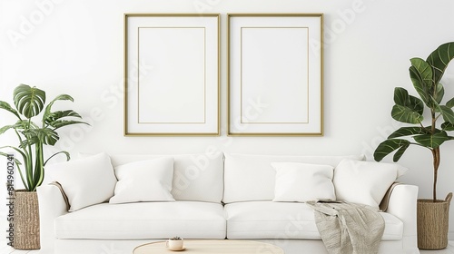 Frame mockup, stylish and modern style home living room white sofa background © woojooo