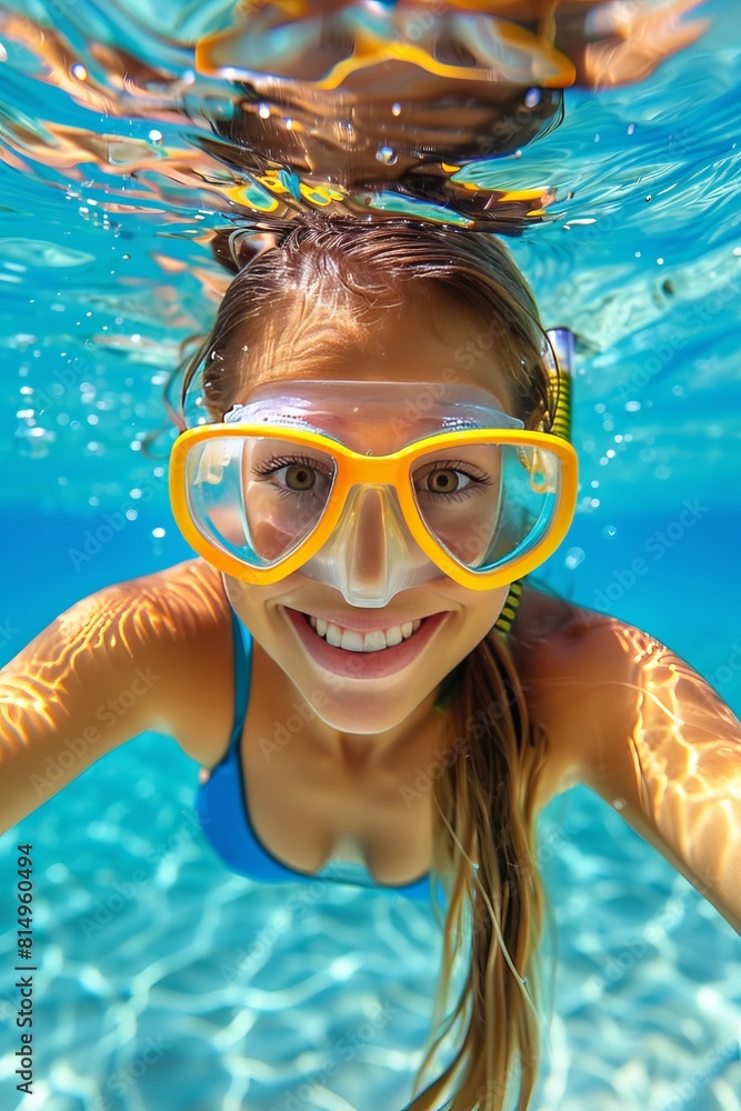 Fototapeta premium Blue water exploration young woman diving in crystal clear underwater environment
