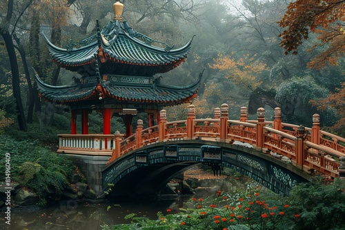 Chinese bridge in the autumn park, Chengde, Hebei Province photo