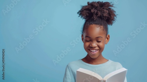 A Girl Smiling While Reading photo