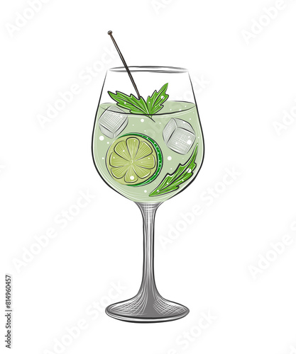 PNG engraved style Hugo alcoholic cocktail with ice cubes, splashes illustration for posters, decoration, menu and logo. Hand drawn sketch of drink, beverage 