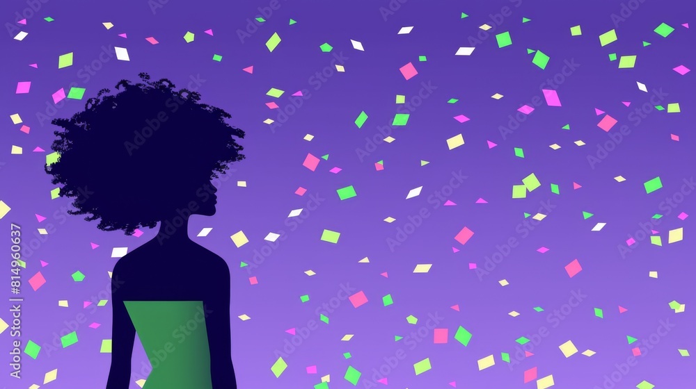 Silhouette of an excited African American woman with curly hair against a purple background with colorful confetti. Silhouette of an excited African American woman with curly hair against a purple background with colorful confetti.