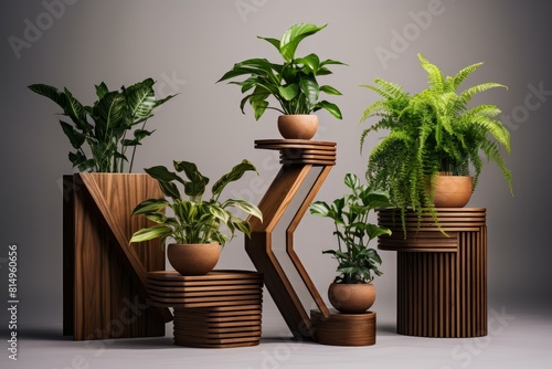 Collection of houseplants on stylish wooden pedestals against a neutral background