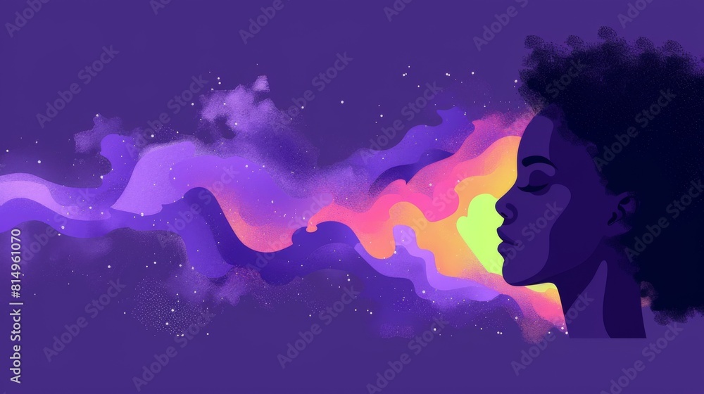 Abstract profile of a human head with colorful waves emanating, representing thoughts or creativity on a purple background. Abstract profile of a human head with colorful waves emanating, representing thoughts or creativity on a purple background.