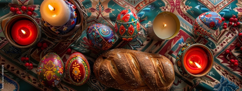 A table with a variety of decorative items, including a large loaf of bread