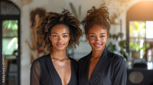 Twin sisters with matching hairstyles wearing elegant black dresses and sharing a warm smile. photo