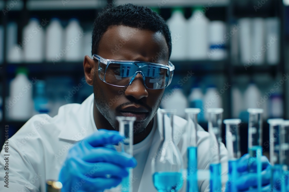 Scientist taking blue liquid sample in pipette Scientist taking blue liquid sample in pipette