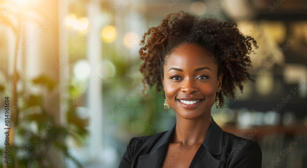 A woman with a joyful expression, smiling warmly.