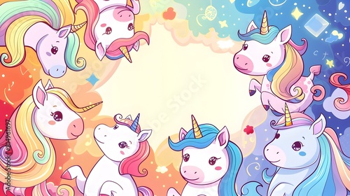 Whimsical Gathering of Colorful Unicorns in a Vibrant Celestial Fantasy Landscape