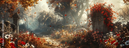 A beautiful, serene forest scene with a waterfall and a river