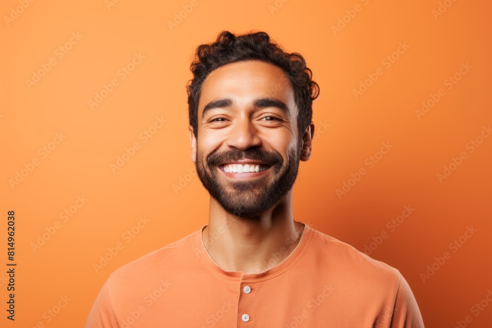 Portrait of a glad man in his 30s smiling at the camera isolated in pastel orange background Portrait of a glad man in his 30s smiling at the camera isolated in pastel orange background