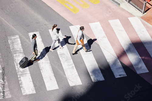 Schilderij op canvas Business, people and crosswalk from street to commute work, journey and traffic on road for transport in morning