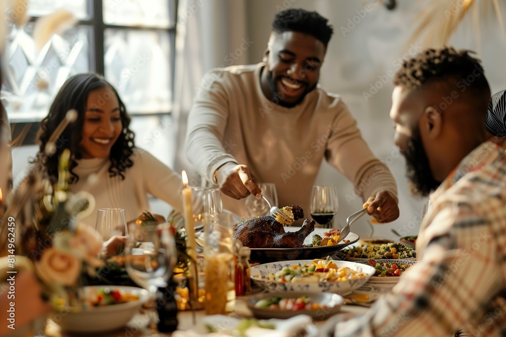Smiling man serving food to friends at dining table Smiling man serving food to friends at dining table