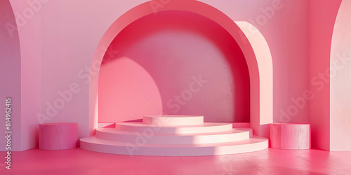 Podium with a triumphal arch in pink, pink background, place for photo