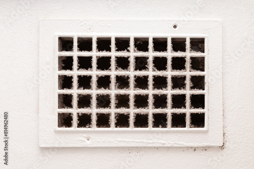 Dust and black mold on the ventilation grate, close-up. Poor cleaning. Dirty air and allergens enter the room. Health threat concept
