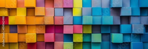 This image shows a vibrant array of colored cubes with a textured surface  creating a geometric pattern