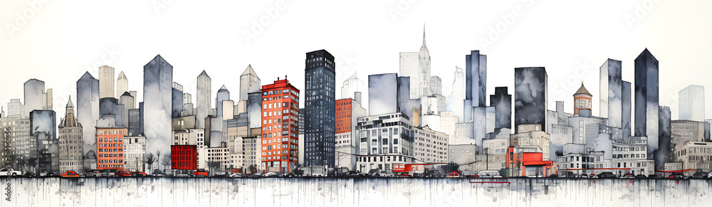 Obraz premium Digital watercolor that artistically depicts a bustling metropolitan skyline