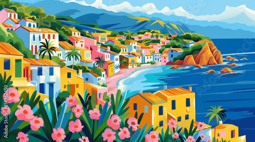 Colorful illustration of a Mediterranean seafront landscape with azalea flowers and quaint buildings. © neatlynatly