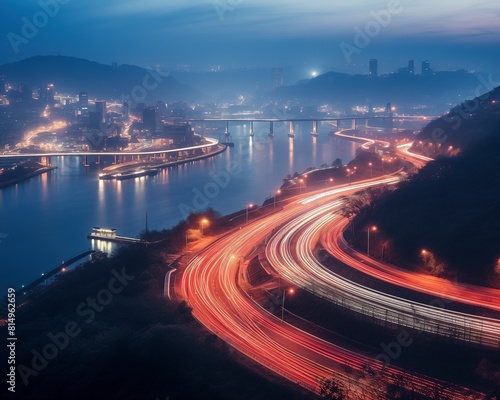 A stunning long-exposure photograph of a cityscape at dusk, featuring dynamic light trails of traffic winding through a river, creating an ethereal and vibrant urban landscape.