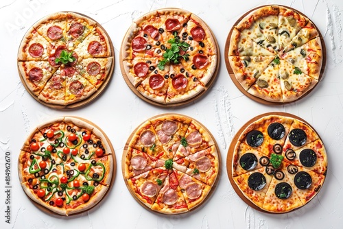 Set with different delicious pizzas on white background