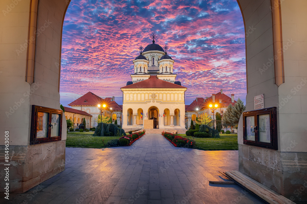 Amazing cityscape with Orthodox Coronation Cathedral inside fortified Alba Carolina Fortress.