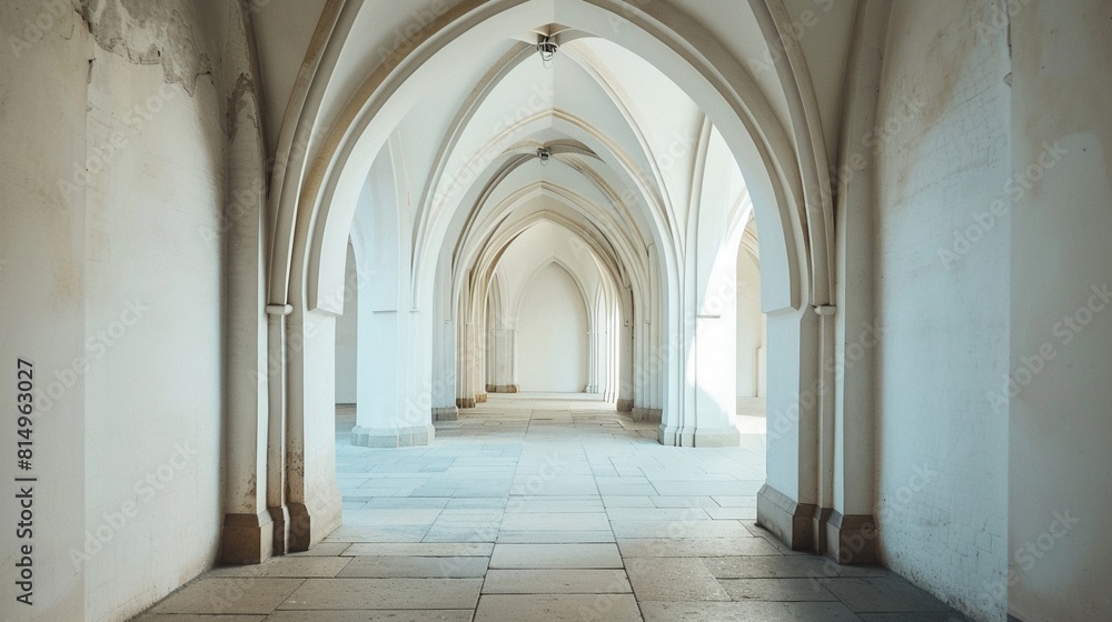 Serene archway corridor in a historic building, bathed in natural light Serene archway corridor in a historic building, bathed in natural light