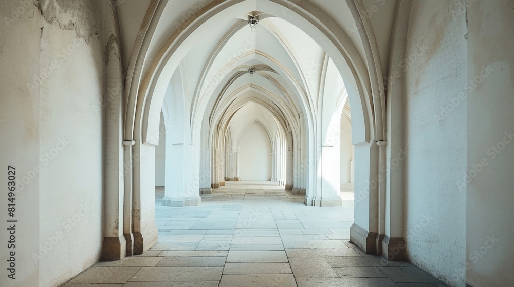 Serene archway corridor in a historic building, bathed in natural light