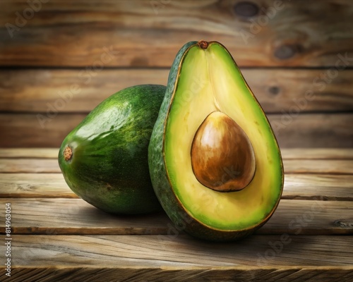 An avocado cut in half on a wooden table background