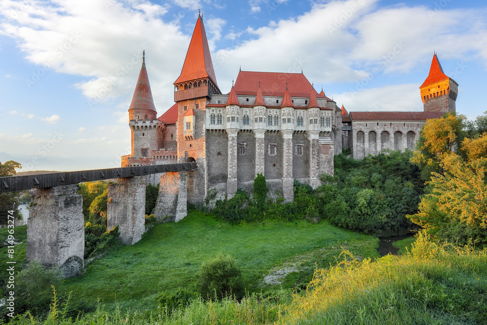 Amazing morning view of Hunyad Castle / Corvin's Castle with wooden bridge. Amazing morning view of Hunyad Castle / Corvin's Castle with wooden bridge.